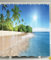 BBFhome Ozean-Dekor-Kollektion Tropische Palmen an einem sonnigen Insel-Strand-Szene Panorama Bild ansehen Polyester-Gewebe 180 x 180 cm Bad Duschvorhang Set mit Haken Blau Grün Weiß Multicolor