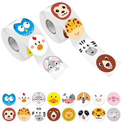600 bezaubernde runde Tiergesichtssticker, 16 Designs mit Perforationslinien für Kinderpartys (im Vorteilspack, alle mit einem Durchmesser von je 3.8 cm)