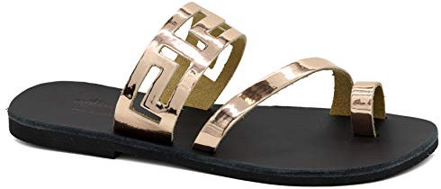 41 Roségold Spiegel Emmanuela Antike griechische handgefertigte flache Sandalen aus Leder mit Mäandern, hochwertige Riemchen Sommerschuhen für Frauen, Slide Sandalen mit offene Zehen