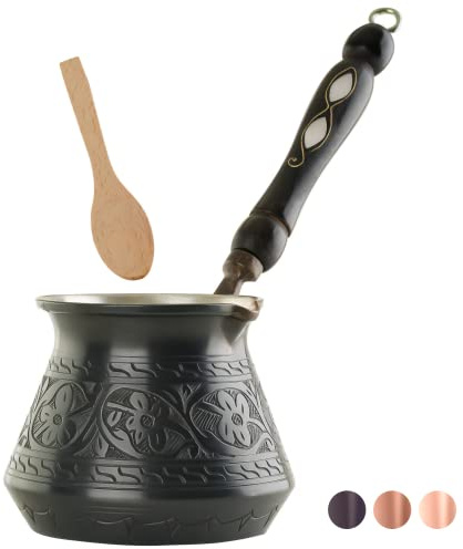 BCS Cezve Ibrik Briki Kaffeekanne mit Holzgriff, 340 ml, Kupfer, türkisch, griechisch, arabisch, 4 Portionen
