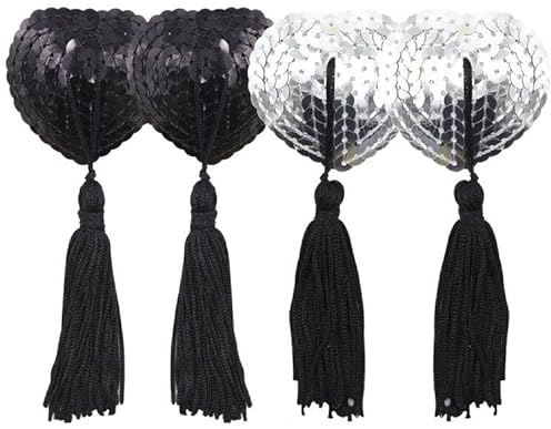Cache Teton Reutilisable, 2 Paires Cache Tetons Femme Sexy Cache-Tétons Auto-adhésif Invisible en Silicone en Forme de Cœur avec Glands avec 1 Règle pour Accessoire de Fête de Couple