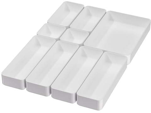 9-teiliges Schubladen-Organizer-Tabletts-Set, multifunktional, stapelbar, für Schlafzimmer, Badezimmer, Küche, Schreibtisch, Büro, Schubladen-Organizer. Kunststoff-Aufbewahrungsboxen in 5 Farben, Weiß