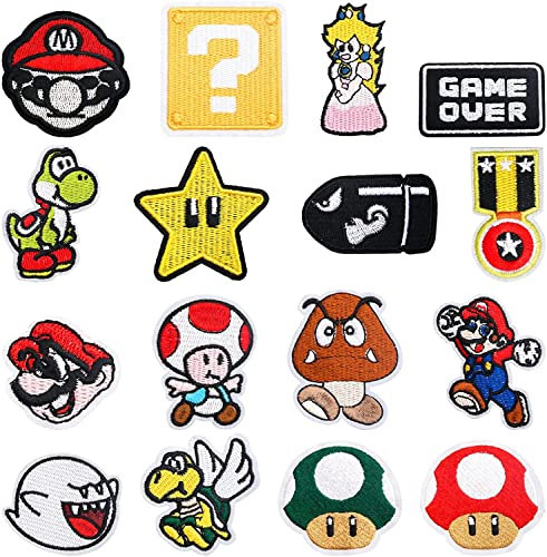 Aufnäher zum Aufbügeln, 16 Stück, bestickte Applikationen, zum Aufnähen, zum Aufbügeln, Stoffreparatur, niedliche Cartoon-Anime-Mario-Patches für Kinder, Erwachsene, Kleidung, Schuhe, Rucksäcke