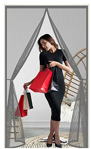 Moustiquaire de Porte 235 x 205 cm Fermeture Automatique,Sans Perçage,Pliable Moustiquaire Store Enroulable Kit d'installation Complet pour Portes, Patio, Gris