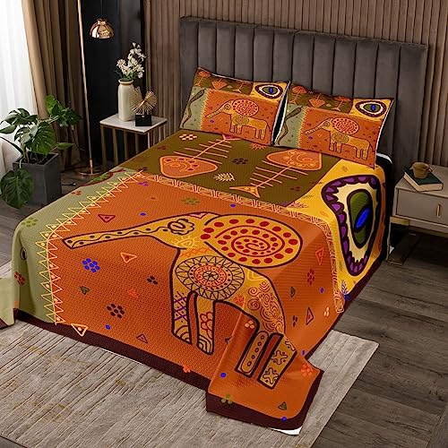 Manfei Vintage Elefant Bettdecke L Größe Afrika Tribal Stil Bettwäsche Set Afrikanische Tiere Druck Tröster Set,Kinder Mädchen Teens Frauen Zimmer Dekor Rustikale Braun Gelb Quilt Set,2 Kissenbezug