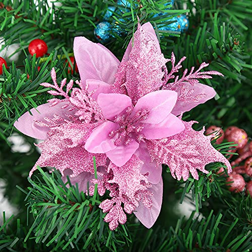 SYSUII 20 Stück Weihnachten Glitzer Weihnachtsstern Blumen 14cm Künstliche Poinsettia Blumen Weihnachtsdekoration Christbaumschmuck Blumen für Weihnachtskranz Weihnachtsbaum Ornaments -helles Lila