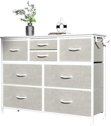 MYHMCT 8 Chest of Drawers Bedroom, Storage Drawers with Wooden Handles,Wooden Top, Fabric Drawers and Metal Frame for Bedroom, Living Room, Nursery, Hallway (Light Grey)