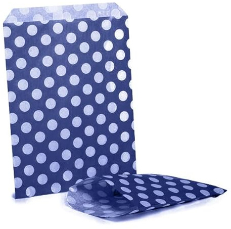 ezkart | 5x7 | Pack of 100 Assorted coloured striped paper bags Ideal for multiple occasions. Quality paper sweet bags (Dark Blue Polka, 5x7-100 Bags)