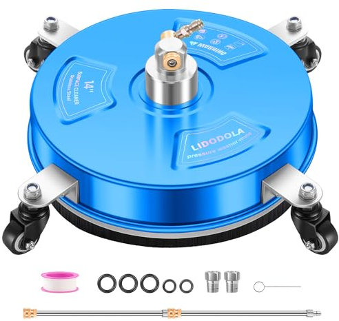 LidoDola Pressure Washer Surface Cleaner with 4 Wheels - Stainless Steel Surface Cleaner for Pressure Washer Attachment for Concrete, Driveway, Patio, Sidewalk, Deck and Driveways (14 INCH Blue)