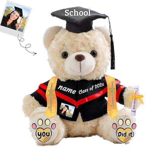 JABECODIFA Graduation Bear Class of 2026 Personalised Graduation Gift for Kids Teddy Bear with Text+Photo as 2026 College High School Kindergarten Graduation-Gifts (10 IN-Text+Photo)
