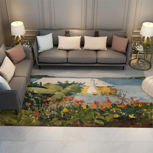 WEECHAINGE Blumengarten und Bungalow, Bermuda-Teppich Winslow Homer-Stil Teppich Waschbarer Faltbarer Teppich für Esszimmer Spielzimmer Home Decor 150x210cm