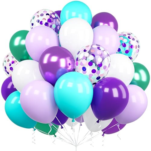 Ousuga Palloncini Sirena, 60 Pezzi 12 Pollici Palloncini Bianco Viola Verde Acqua Metallizzato Coriandoli Palloncini Lattice per Compleanno Matrimonio Anniversario Baby Shower Tema Sirena Decorazioni