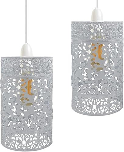 DC VOLTAGE Industrial Easy Fit Metal Cage Drum Lampshade Ceiling Pendant Lampshade with Reducer Plate for Living Rooms Bedroom Kitchen Dining Room (2 Pack White B6)