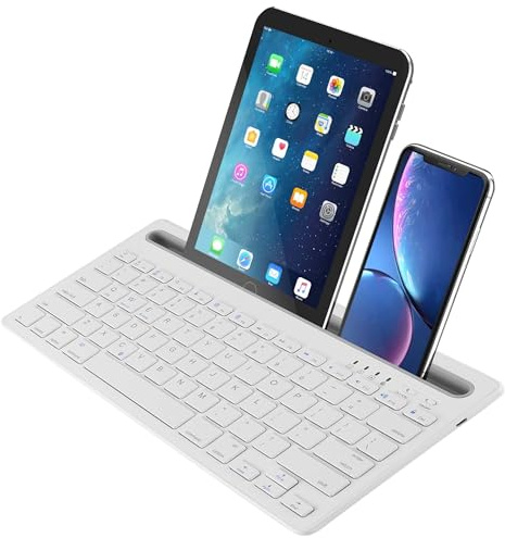 Tastatur mit Kabel, Bluetooth, QWERTY-Tastatur, leise, wiederaufladbar, ultradünn, 78 Tasten, unterstützt das Umschalten zwischen 2 Geräten, integrierte Halterung, für iPad, Tablets, Smartphones