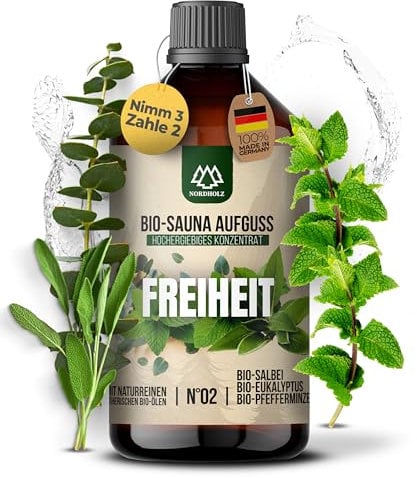 NORDHOLZ® Saunaaufguss BIO [NATURREINE ÄTHERISCHE BIO-ÖLE] Sauna Aufgussmittel #2 Freiheit 250ml Salbei, Eukalyptus, Minze - Sauna Aufguss