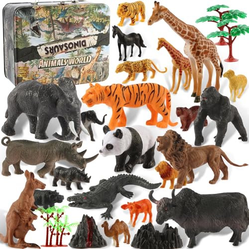 Tubasaya Set di 30 figure di animali safari, giocattoli per bambini, 15,2 cm, realistici, Jumbo Wild Zoo, set da gioco in plastica con scatola portaoggetti in metallo, set da gioco educativo per