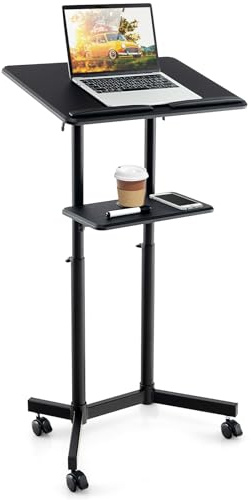 GIANTEX Konferenzpult mit Höhenverstellbar 104,5 bis 128,5 cm, mobiler Laptopständer, Computertisch mit Rollen, offenes Regal, für Büro, Studio, Schwarz
