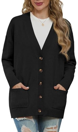 GRECERELLE Cardigan da donna lavorato a maglia, maglione invernale a maniche lunghe, con bottoni, scollo a V, capispalla oversize con tasca, 01 Nero, XL