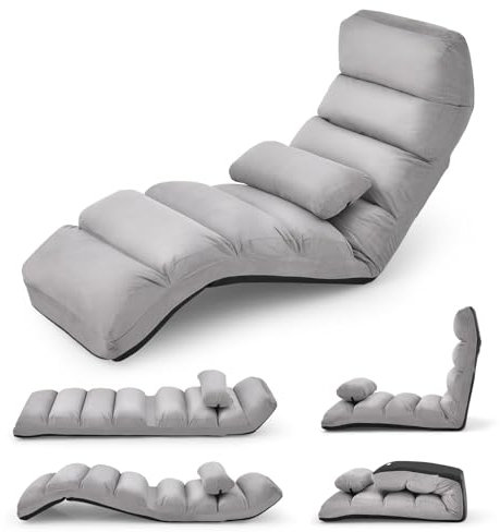 FANTASK Relaxliege klappbar, Bodenstuhl mit Verstellbarer Rückenlehne, Bodenliege mit Schlaffunktion, Bodensofa, Bodensessel für Gaming, Schlafen, Lesen, Grau, Extra breit