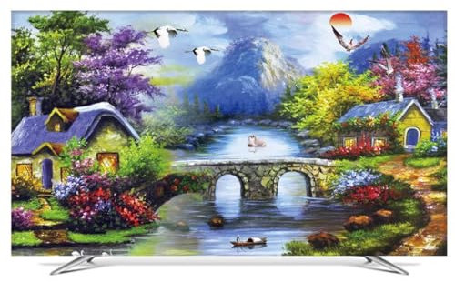 Indoor TV Cover Landscape Oil Painting Printing TV Dust Cover Crystal Velvet Fabric Dust-Proof Protector For Flat Curved Screen Television Smart TVs(Size:58-60IN(W140xH85CM),Color:A)