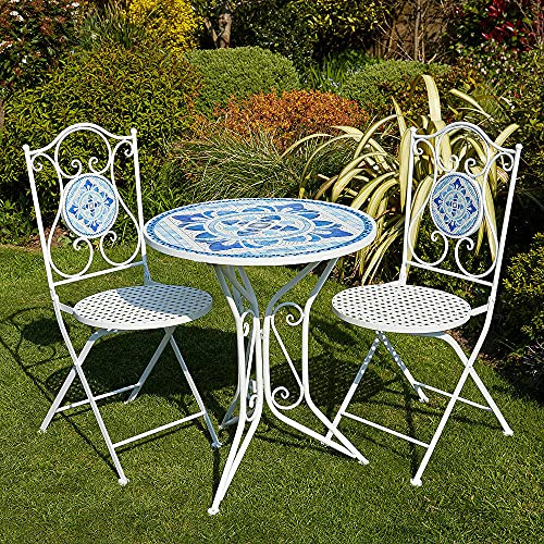 Outdoor Terrassenmöbel Set Mosaik Bistrotisch mit 2 Klappstühlen Metallgestell
