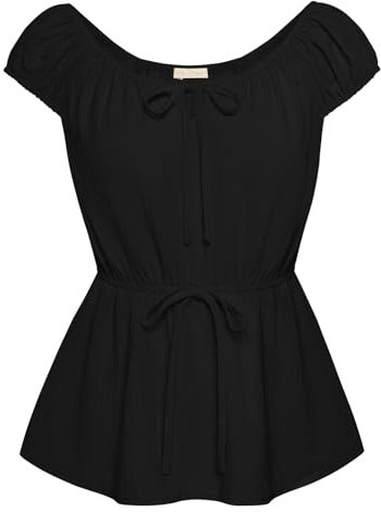 Belle Poque Damen Elegant Bluse Vintage U Ausschnitt Einfarbig Cap Hülse Oberteile Schwarz L