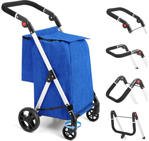 LEUYA ABC Einkaufstrolley, 46L Trolly Einkaufswagen Klappbar, 4 Rädern Aluminium Leichtgewicht Einkaufstrolley, mit Isolierter Kühltasche, Stabil und Leicht zu Verstauen Einkaufswagen (Azurblau)