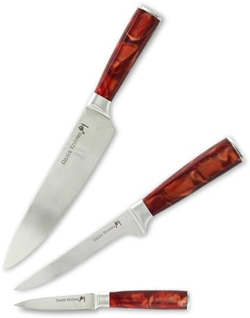Oasis Knives Juego de Cuchillos de Cocina de Acero Inoxidable, 3 Piezas: Chef 20cm, Deshuesador 15cm, Pelador 9cm – Mangos de Resina. Especial para Carne y Preparaciones Precisas