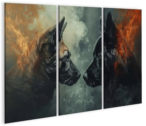 islandburner Prime Bild auf Leinwand Zwei Hunde vor Feuer und Rauch Hintergrund für Wohnzimmer Tierliebhaber Tierarztpraxis Bilder Wandbilder Poster