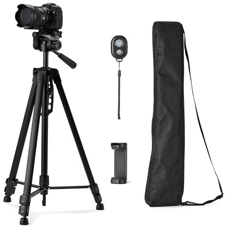 Amazon Basics - Treppiede per Telefono e Fotocamera DSLR 152cm, Leggero, con Borsa, Telecomando Wireless e Supporto per Telefono, Altezza Regolabile, Nero