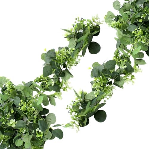 AIMEKE 2 STK Girlande Eukalyptus Deko 180cm Künstlich Eukalyptus Pflanzen Künstliche Blumen für Hochzeit Garten Indoor Outdoor Blumengirlande Deko Wetterfest Weiß Kunstblumen Grüne Blätter