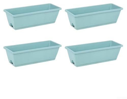 URPIZY Lot de 4 jardinières rectangulaires, en plastique, 43 x 19 x 15 cm, pour rebord de fenêtre, jardin et balcon, bac à plantes, avec drainage et soucoupe, utilisation polyvalente (bleu)
