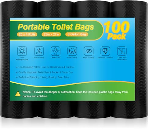 100 Portable Toilet Bags - Camping Toilet Bags, Biodegradable Porta Potty Bag for Portable Toilet, 8 Gallon Toilet Waste Bags for 5 Gallon Bucket Toilet, Thickened Camping Potty Liners