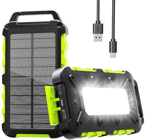 Chargeur Solaire 26800mAh, PD15W Batterie Externe Solaire Power Bank Portable USB C 3,0A Charge Rapide avec 3 Ports, Câbles et Lampe pour Smartphone, Tablette, Camping et Plus (Vert)