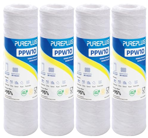 PUREPLUS 20 Micron 10x2.5 Whole House String Wound Sediment Filter 4 Pack | Design for Well Water, PPW10 Compatible with WFPFC4002, CW-F, CW-MF, WP-5, W50PE, WFPFC3002, SPC-25-1050, FM-50-975, WB-50W