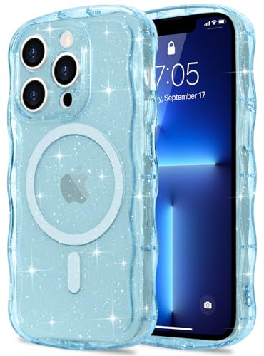 Pepmune for iPhone 13 Pro Case Clear Bling Compatible with Magsafe | Soft TPU Curly Wavy Frame & Hard PC Back,Sparkle Glitter Magnetic Cover,Slim Shockproof Wave Phone Case-Blue