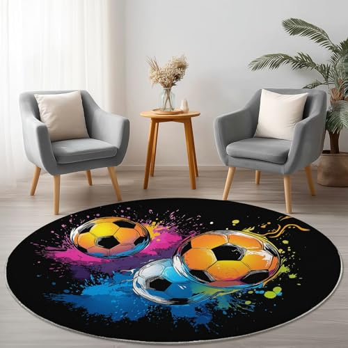 Generisch Runder Teppich 90 cm mit Fußball-Motiv, Bunte Aquarell-Optik Sportgraffiti, Weicher Kurzflor, rutschfest & Waschbar, Runde Teppiche für Wohnzimmer Schlafzimmer Kinderzimmer