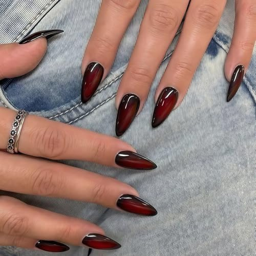 Ombre French Press on Nails Almond, SXVME French False Nails Medium Stiletto, Blush Red Full Cover Black Fake Nails Set, Goth Red Black Nails Press on, Acrylic Stick on Nail for Wome, 24 Pcs