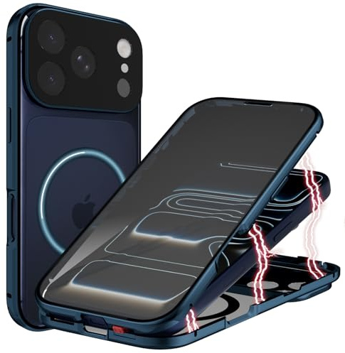 ANFAIRLACE Hülle Magnetische Kompatibel mit iPhone 17 Pro, Blau Weiß | Handyhülle Magnetische Adsorption Aluminium Rahmen Transparent Gehärtetes Glas 360 Grad Schutzhülle