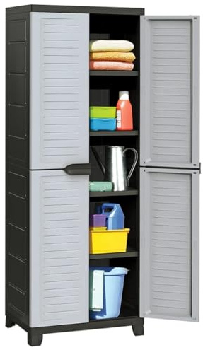 Holamys Armadio in plastica grigia, 65 x 45 x 181 cm, con 2 ante e 5 ripiani, chiudibile, per casa, ufficio, garage, versatile cabinet