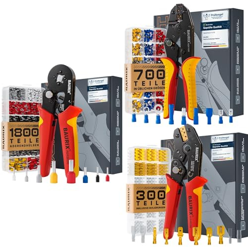 BAURIX® Crimpzange Set – PERSEUS Aderendhülsenzange mit 1800 Aderendhülsen, HEKTOR Kabelschuh Zange 700 Stück & KAIRON Flachsteckhülsen 300 Stück