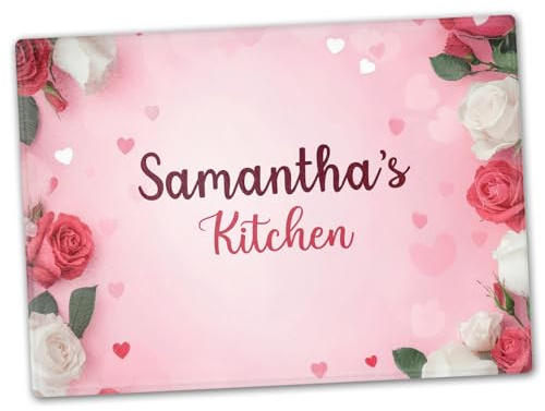 Personalised Glass Chopping Board, Pink, White Roses and Hearts, Cutting Board, Kitchen Worktop Saver 40cm x 30cm, Wedding, Anniversary, Housewarming, New Home, Birthday Gift