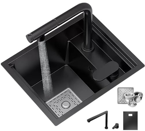 CZYWKDDPP , Lavello a Incasso in Acciaio Inox 304 Nero con Coperchio, Piccola Lavatrice per Bicchieri a 3 Fori per Cucina, Camper (40 * 44 22 cm)