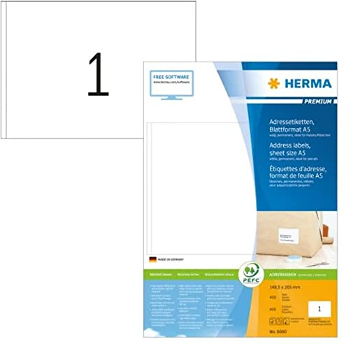 HERMA 8690 Universal Etiketten, 400 Blatt, 148,5 x 205 mm, 1 pro A5 Bogen, 400 Stück, selbstklebend, bedruckbar, matt, blanko Papier Klebeetiketten Aufkleber, weiß