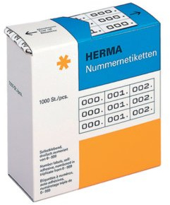 HERMA Number Labels 0-999, Triple, 3000 Pieces, 22 x 10 mm, Self-Adhesive, Matte, Triple Sequential Paper Number Labels, Asset Numbers in Dispenser Box, White