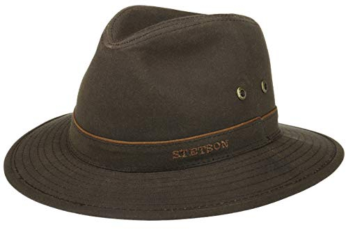 Stetson Avasun Waxed Cotton Traveller Damen/Herren - Wanderhut UV-Schutz 40+ - Sonnenhut Wasserabweisend - Hut aus gewachster Baumwolle - Regenhut Sommer/Winter Dunkelbraun XXL (62-63 cm)