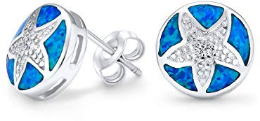 Nautische Hawaiian Tropical Strand Vacation Round Kreis Disc Blue Inlay Created Opal Seestern Stud Earrings For Freundin Teens .925 Sterling Silver October Birthstone
