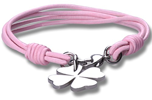 Feilok Fashion Unisex Leder Geflochtene Vier Blatt Klees Armband/Armreif, aus Edelstahl, rosa