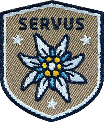 2 x Edelweiss Patch gestickt 51 x 60 mm/Aufbügler Aufnäher Patches Applikation Bügelbild Abzeichen zum aufbügeln aufnähen/Tracht Loden Lederhose Dirndl Janker Filzhut/Club of Heroes (Braun)