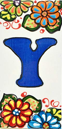 Letreros con numeros y letras en azulejo de ceramica hechos y pintados a mano, para placas con nombres, direcciones y señaléctica. Texto personalizable. Diseño JARDIN 14,5 cm x 7 cm. (LETRA Y)